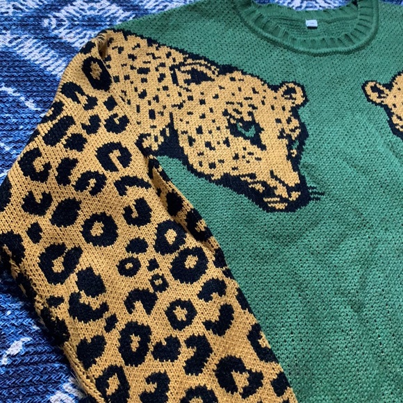 Leopard Sleeve Forest Green Sweater - Picture 2 of 5